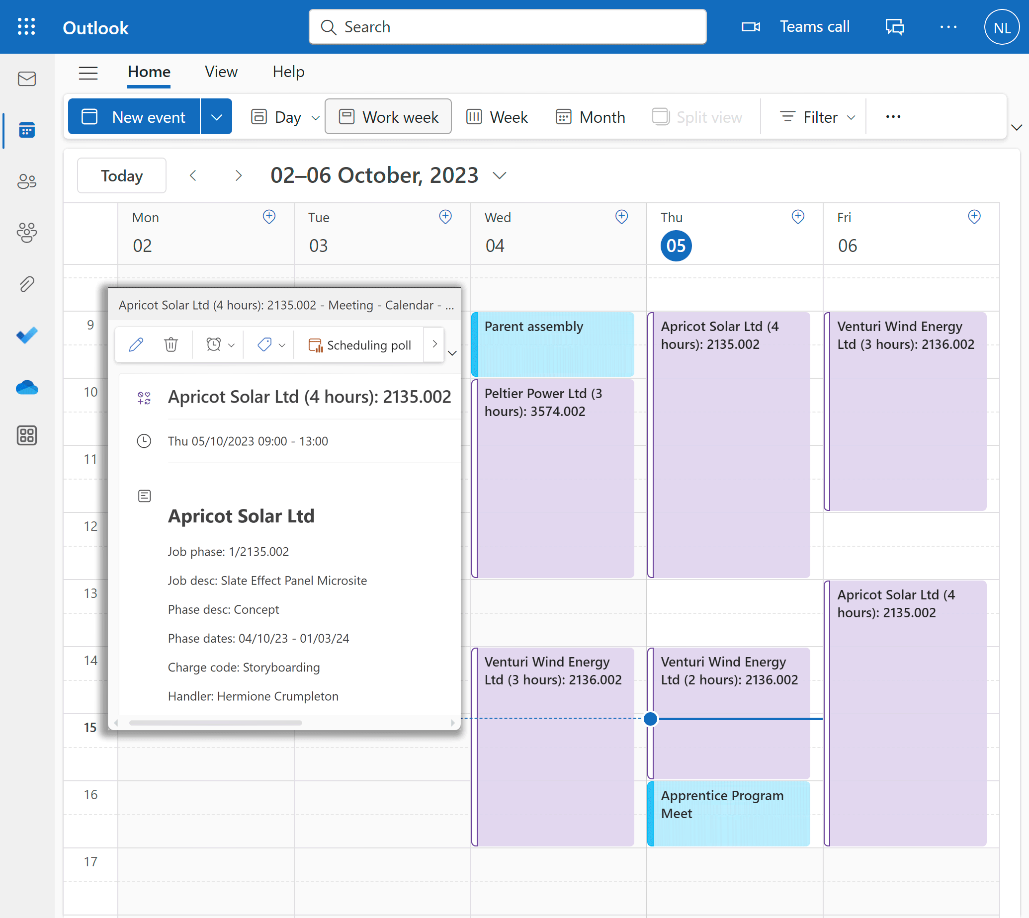 Outlook calendar showing Synergist Calendar bookings